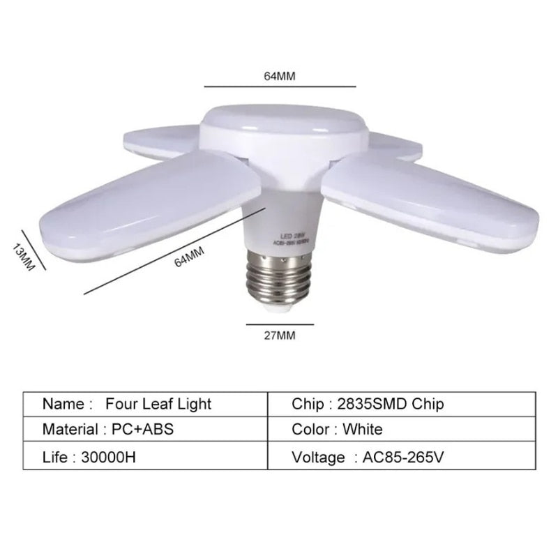 Lâmpada LED Dobrável E27 Parafuso de 4 Folhas Lâmpada de 4 Folhas 28W Mini Lâmpada de Três Folhas de Largura